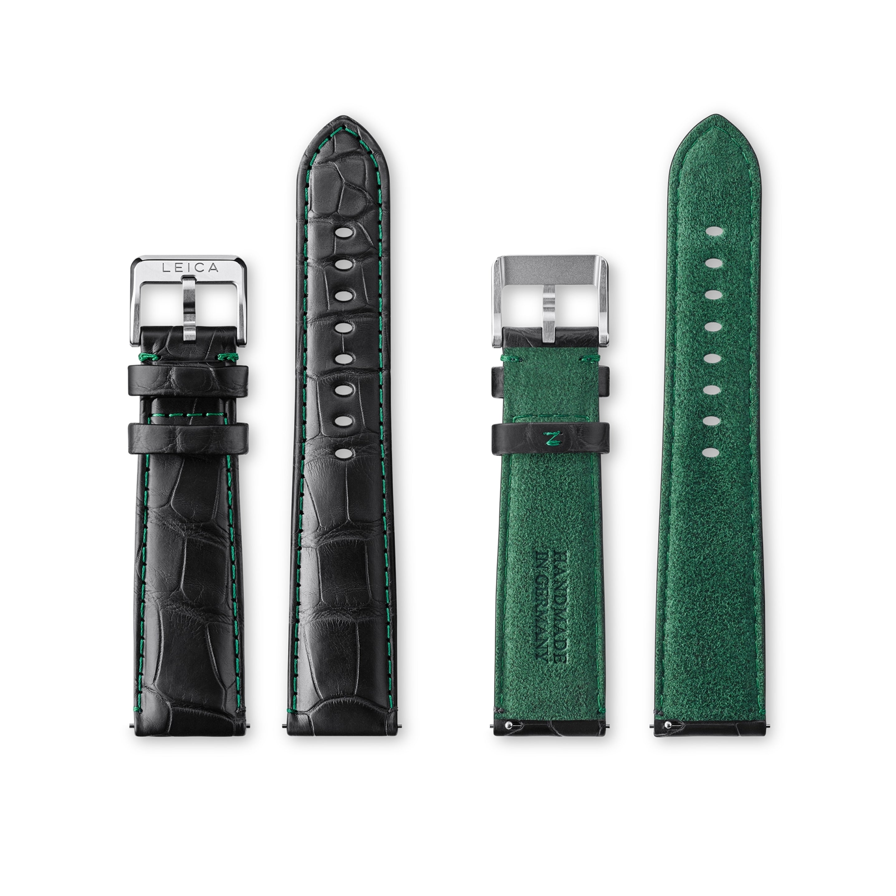 Alligator-leather strap, matte black, Alcantara green backlining, mounted stainless-steel pin buckle